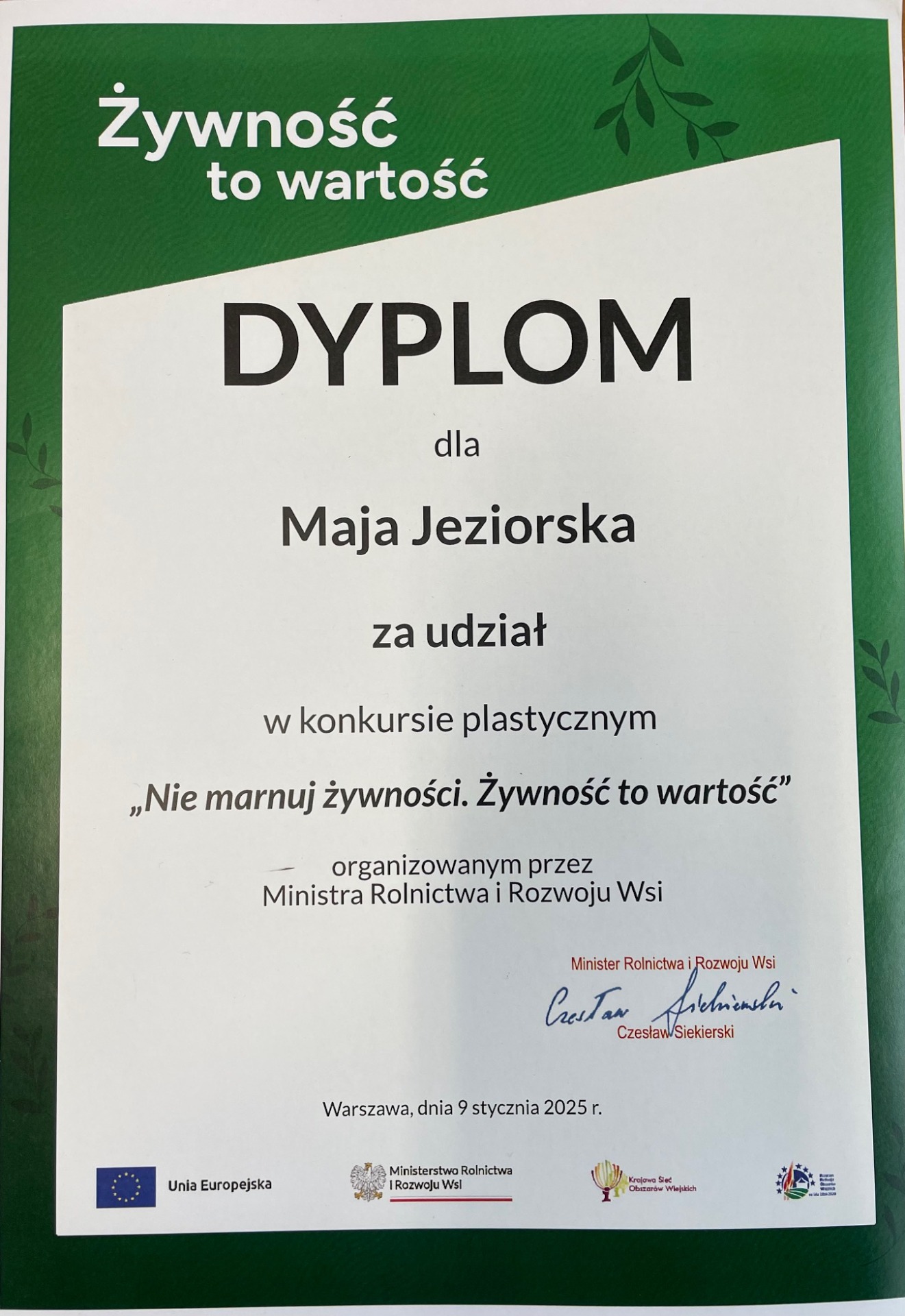 Uczennica naszej szkoły wzięła udział w konkursie „Nie marnuj żywności. Żywność to wartość”