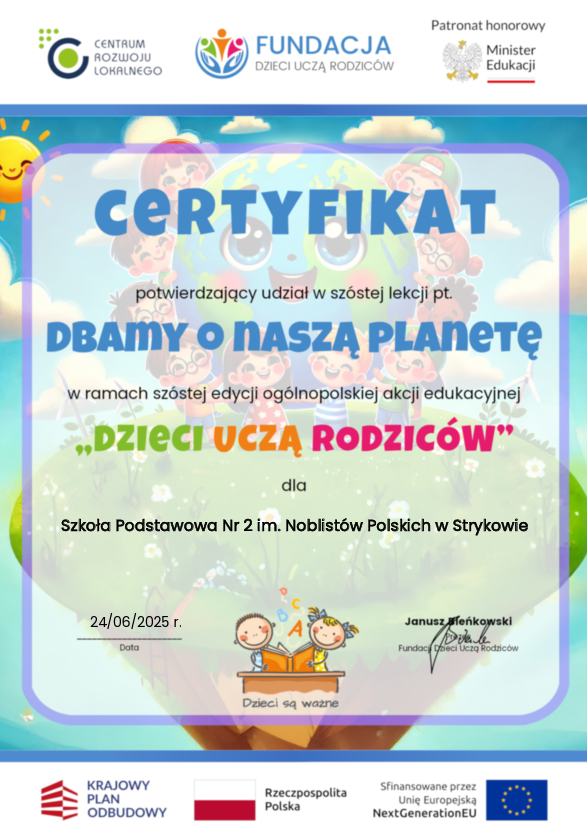podziekowanie dbamy o nasza planete