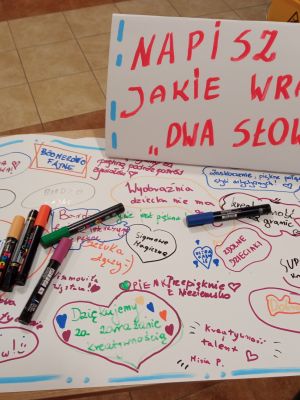 Plakat stworzony przez uczniów - dwa słowa opisujące wernisaż.