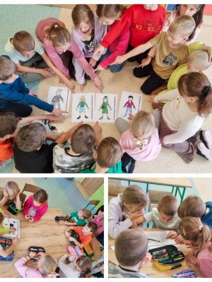 Dzieci podczas wykonywania prac o sanitariuszkach i łączniczkach w Powstaniu Warszawskim