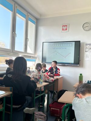 Uczniowie wcielający się w nauczycieli podczas prowadzenia lekcji.