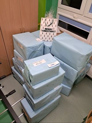 Spakowane produkty dla potrzebującej rodziny. 